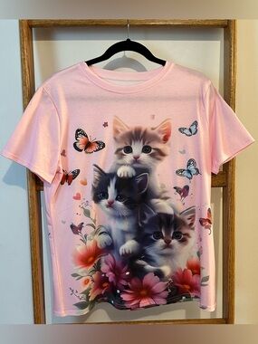 Cute Pink Cat T-Shirt with Kittens and Butterflies